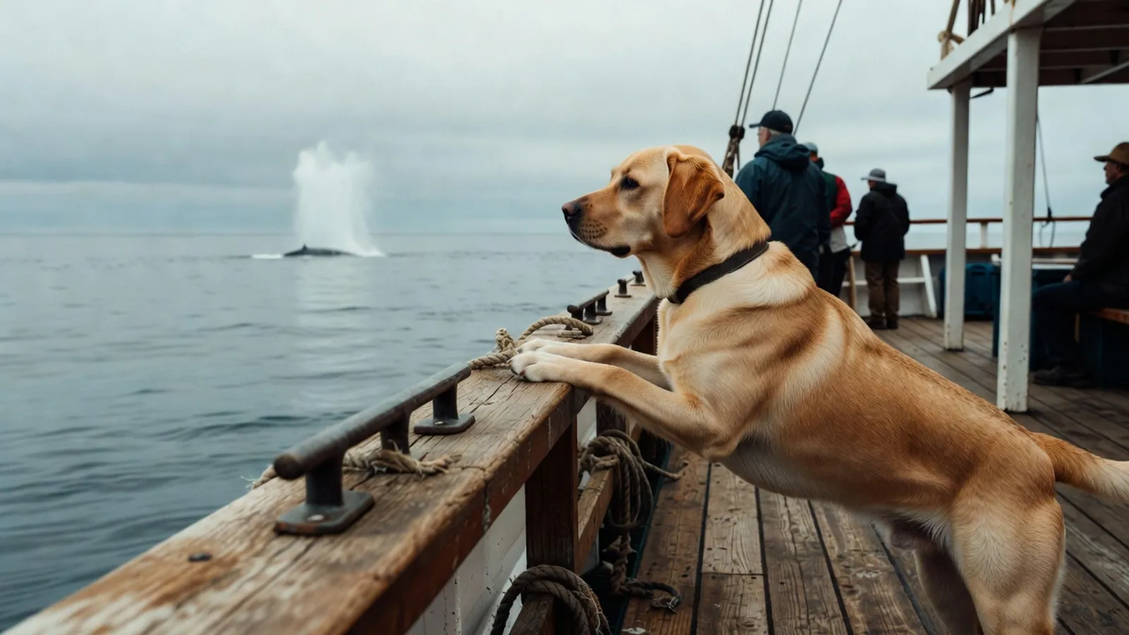 A golden Labrador retriever standing at the edge of a small charter boat watching a humpback whale surface alongside — Pacific Northwest waters