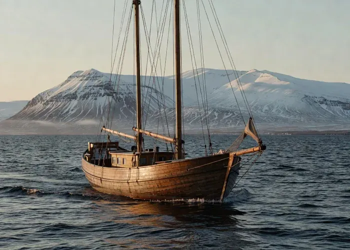 Whale watching boat departing Húsavík harbour, Iceland — crew and passengers in exposure suits and thermal layers for cold Arctic waters