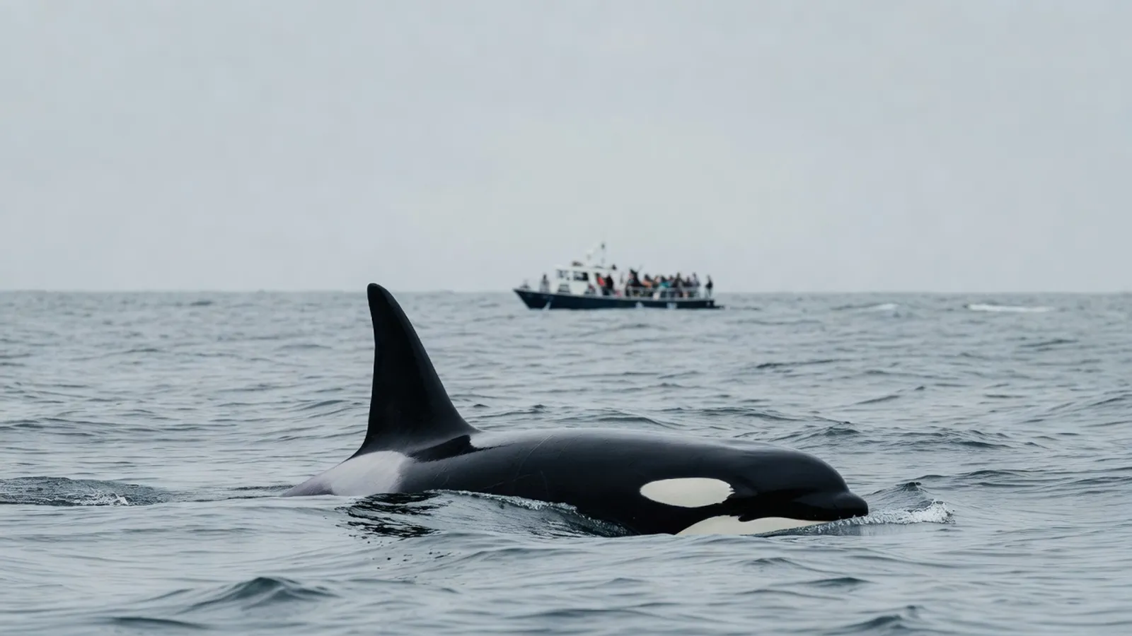 Whale watching tour boat with passengers on deck heading out across calm blue Pacific waters